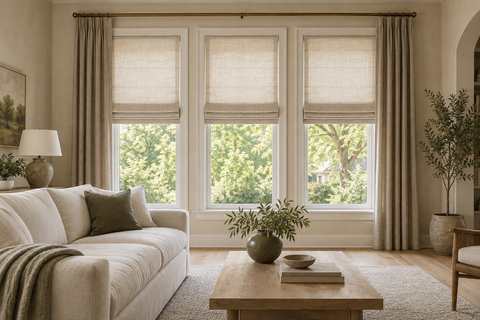 Living room with layered window treatments and soft natural light