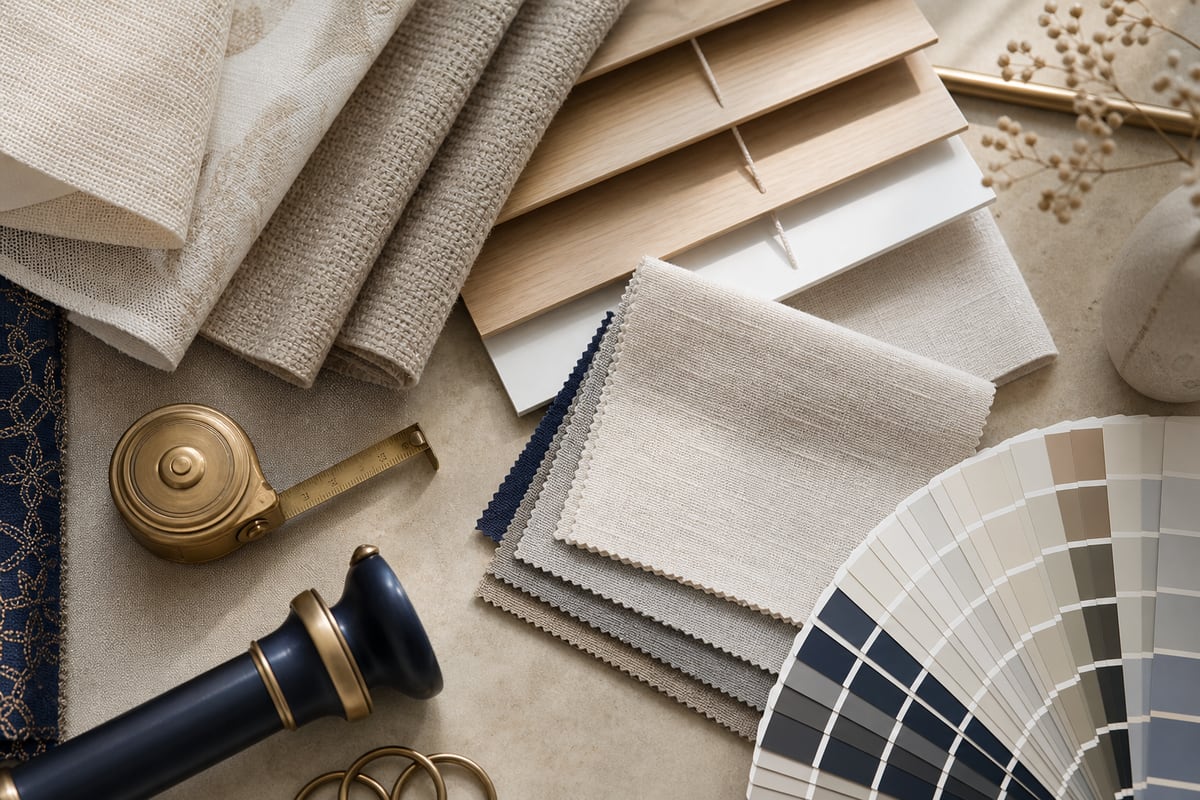 Fabric and wood blind samples with a color fan deck and measuring tape