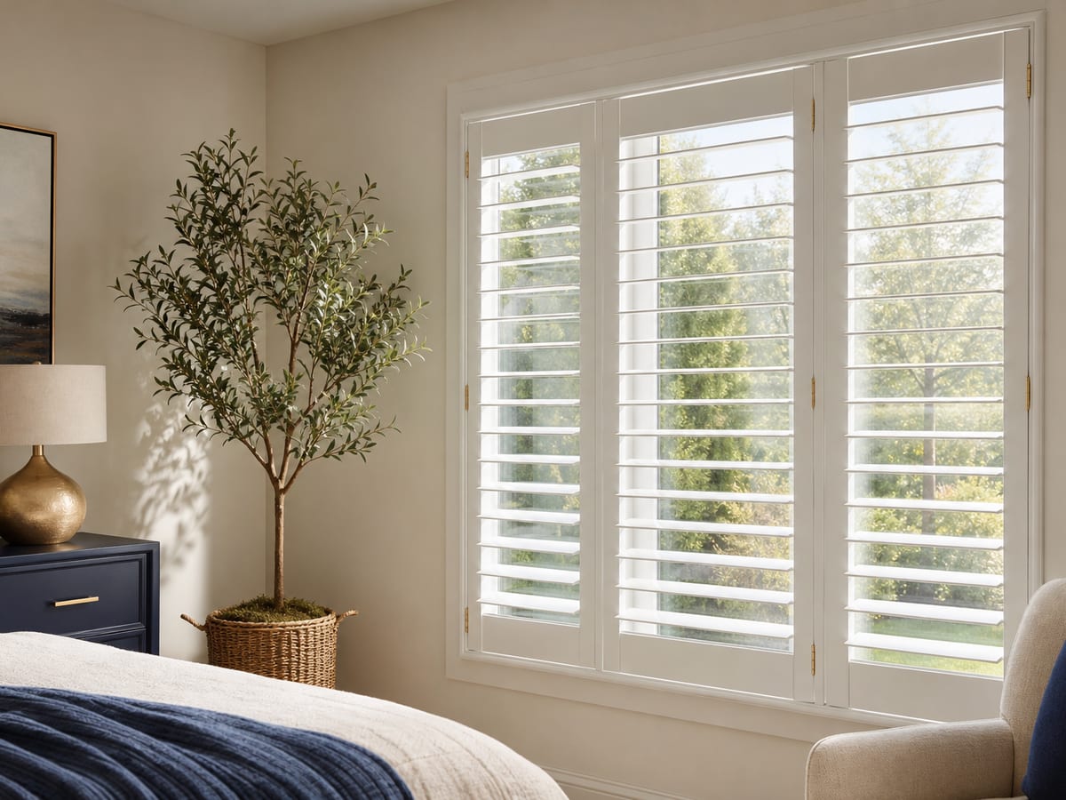 White louvered plantation shutters